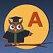 Cartoon owl in academic gown and letter A.